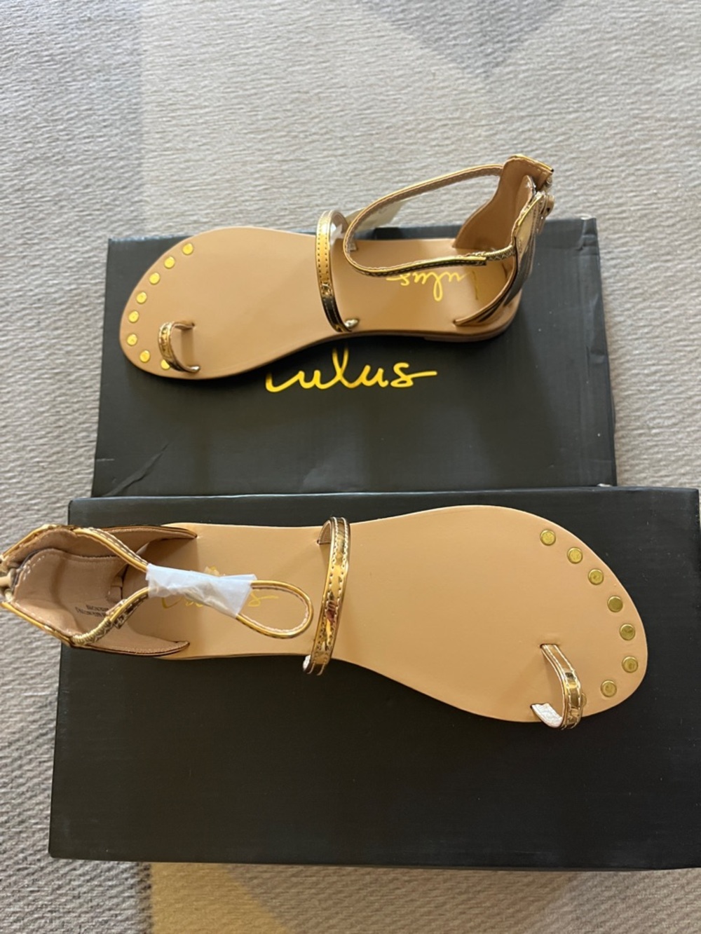 Lulu's Gold Metallic Strappy Toe-Ring Sandals with Stud Accents